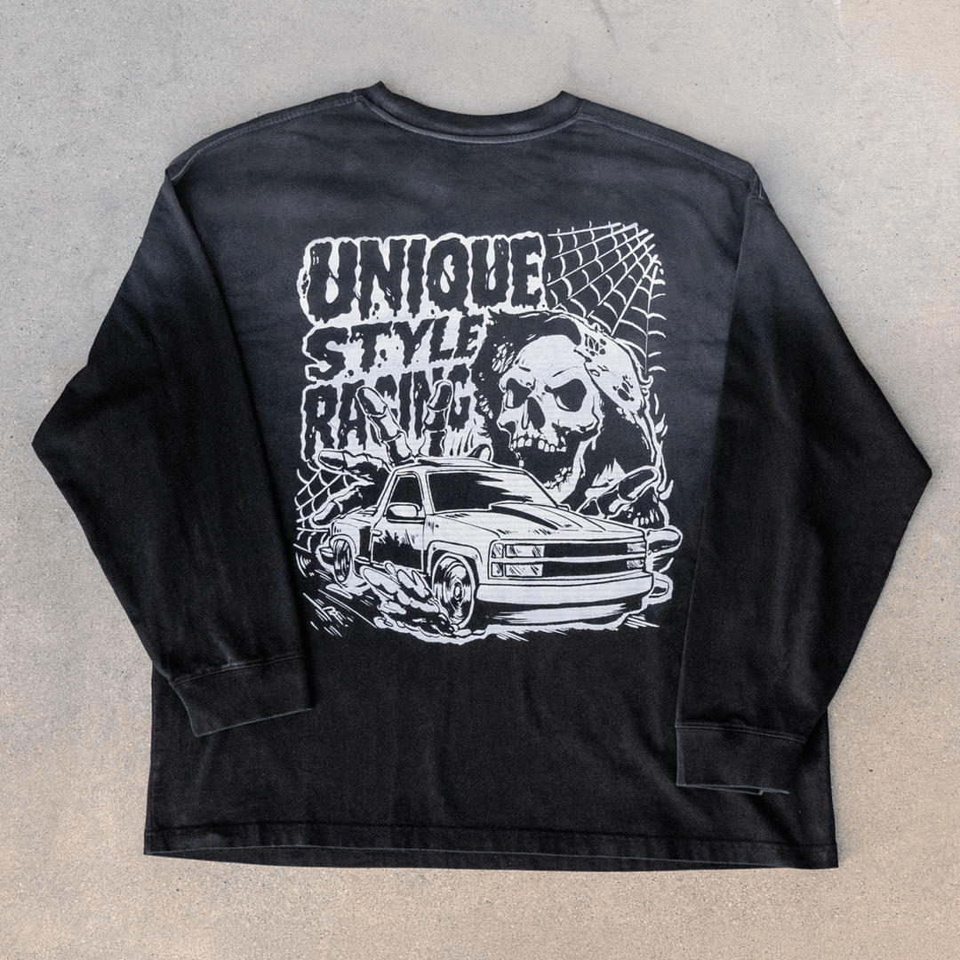 Halloween Merch Merchandise Skeleton Grim Reaper OBS Chevrolet CK Pickup Stepside step side Gradient Long sleeve Vintage Retro Loose Fit Baggy Street Wear Streetwear Skater Skate Grunge 90s 1990s 1990 cars automotive fuel car truck pick up

#color_black