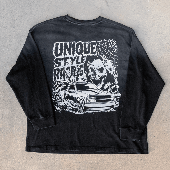 Halloween Merch Merchandise Skeleton Grim Reaper OBS Chevrolet CK Pickup Stepside step side Gradient Long sleeve Vintage Retro Loose Fit Baggy Street Wear Streetwear Skater Skate Grunge 90s 1990s 1990 cars automotive fuel car truck pick up

#color_black