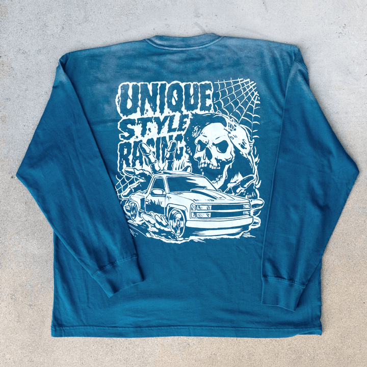 Halloween Merch Merchandise Skeleton Grim Reaper OBS Chevrolet CK Pickup Stepside step side Gradient Long sleeve Vintage Retro Loose Fit Baggy Street Wear Streetwear Skater Skate Grunge 90s 1990s 1990 cars automotive fuel car truck pick up

#color_jeans-blue