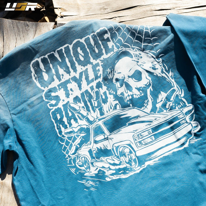Halloween Merch Merchandise Skeleton Grim Reaper OBS Chevrolet CK Pickup Stepside step side Gradient Long sleeve Vintage Retro Loose Fit Baggy Street Wear Streetwear Skater Skate Grunge 90s 1990s 1990 cars automotive fuel car truck pick up

#color_jeans-blue