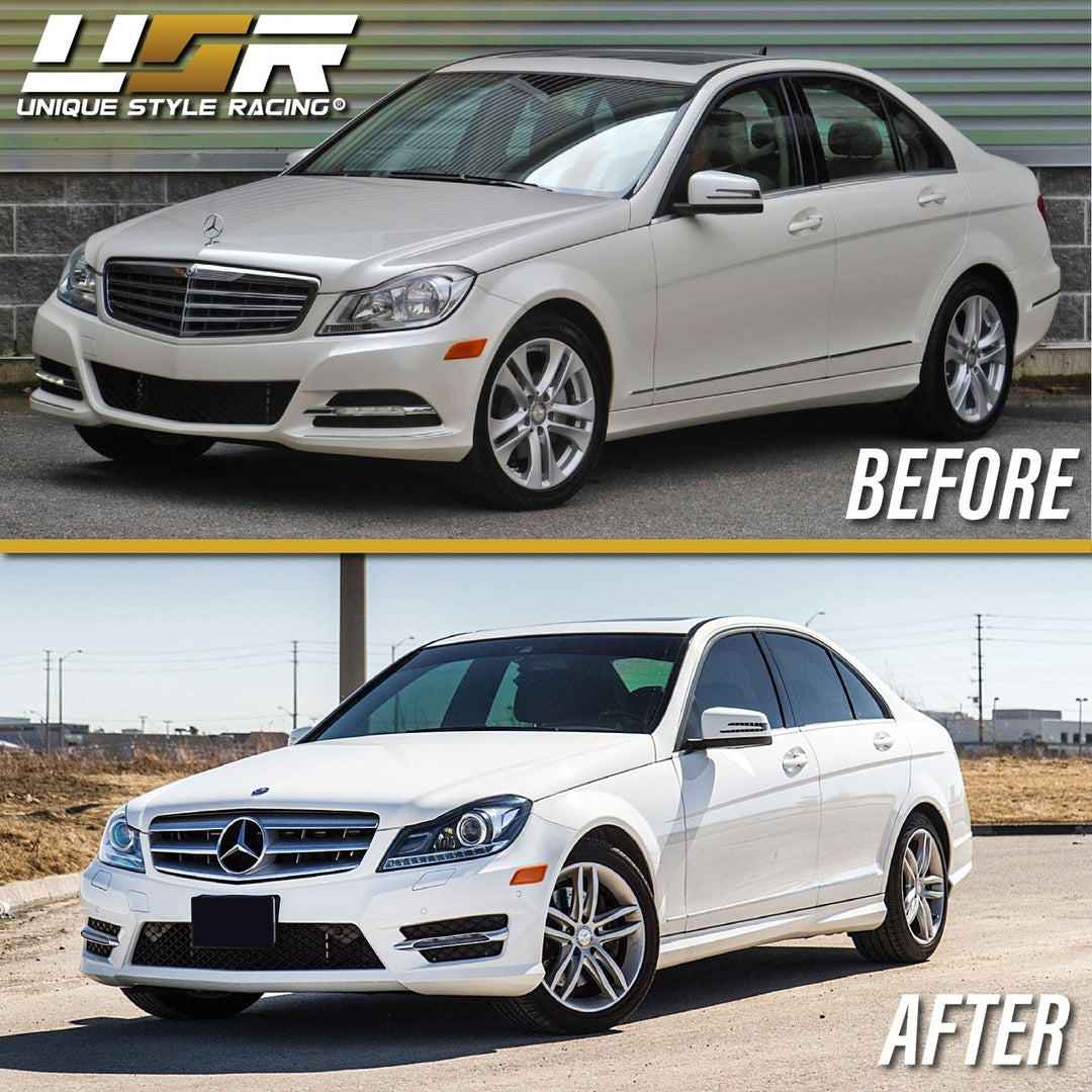 2012-2014 Mercedes Benz C Class W204 USR Edition Projector Headlight w/ White LED Strip DRL & Switchback Amber LED Turn Signal Halogen Model by DEPO