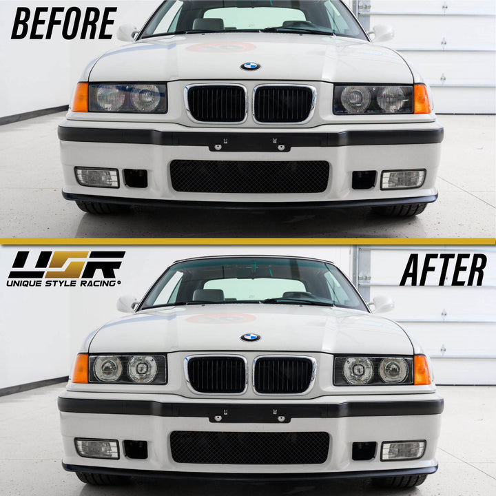 1992-1999 BMW E36 3 Series Hella Euro Ellipsoid GLASS Lens Projector Headlight - Made by DEPO with Optional Daytime Visible UHP LED Angel Eye Halo Rings