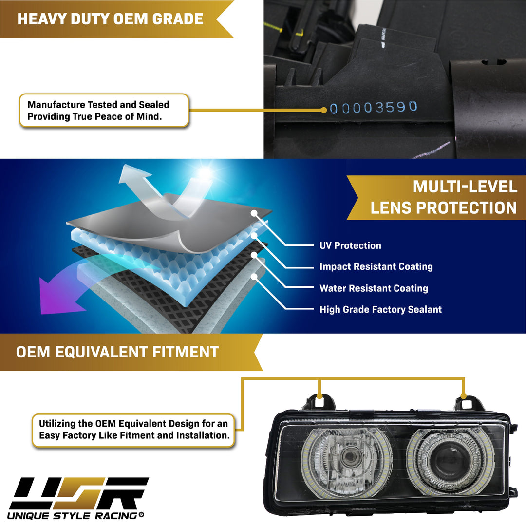 1992-1999 BMW E36 3 Series DEPO P36 Projector Angel Eye GLASS Lens Headlight Optional UHP LED Halo Rings