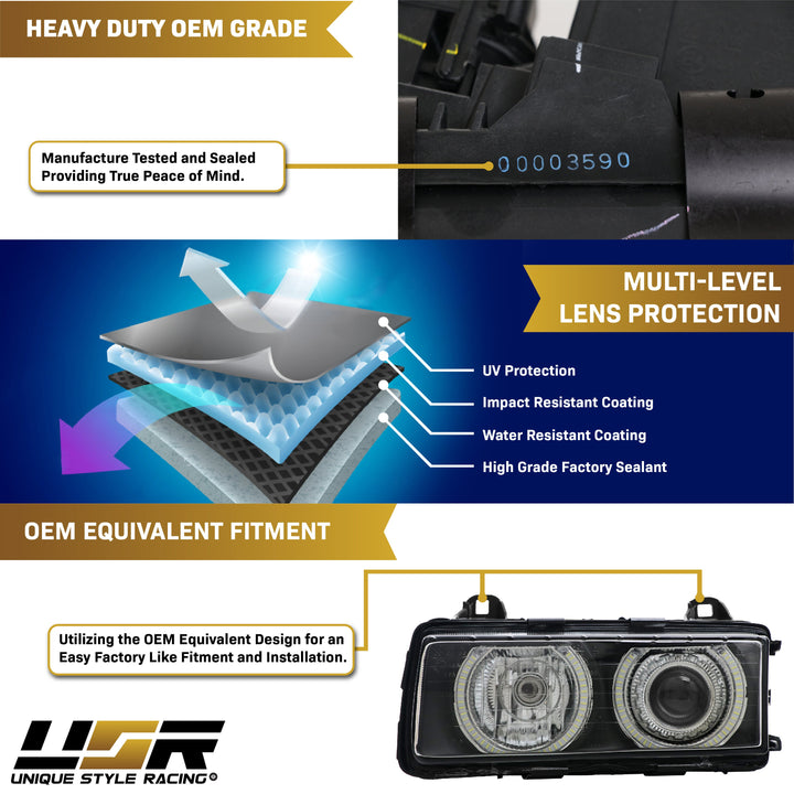 1992-1999 BMW E36 3 Series DEPO P36 Projector Angel Eye GLASS Lens Headlight Optional UHP LED Halo Rings