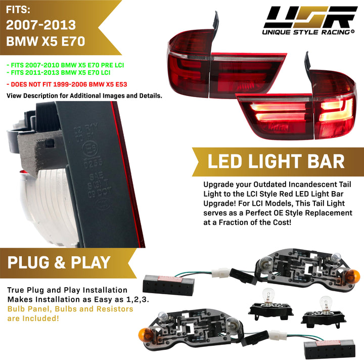 2007-2013 BMW E70 X5 OEM LCI Facelift Style Light Bar LED Smoke or Red/Clear Rear Tail Light Set