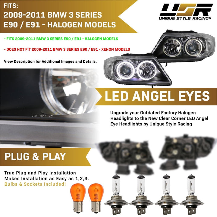 2009-2011 BMW 3 Series E90 / E91 DEPO Projector UHP LED Angel Halo Headlight With Clear Corner