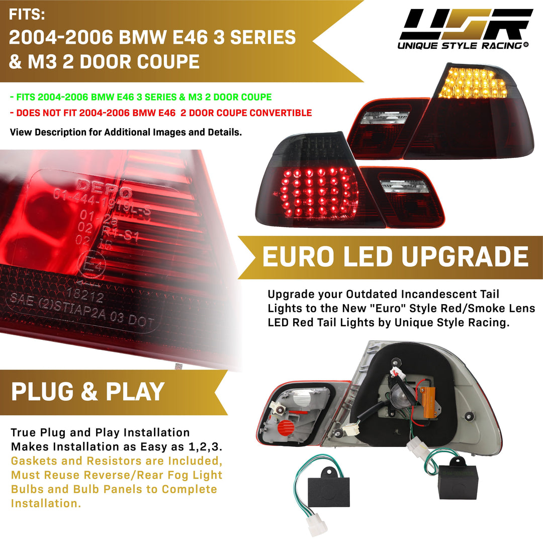 2004-2006 BMW E46 3 Series 2D Coupe Red/Clear OR Red/Smoke LED Tail Light - Made by DEPO