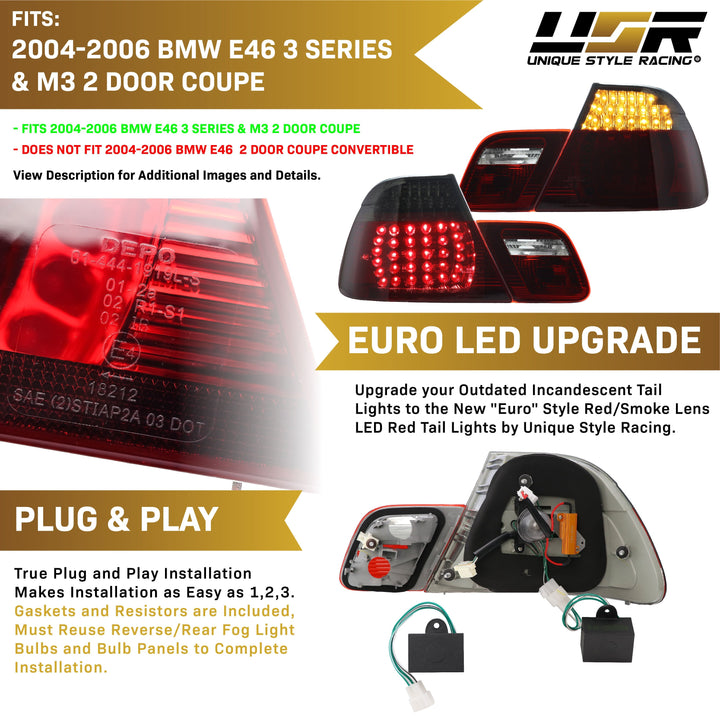 2004-2006 BMW E46 3 Series 2D Coupe Red/Clear OR Red/Smoke LED Tail Light - Made by DEPO