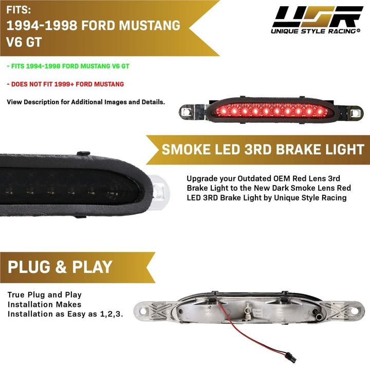 1994 - 1998 Ford Mustang V6 GT Smoke Lens Red LED Rear 3rd Brake Tail Light