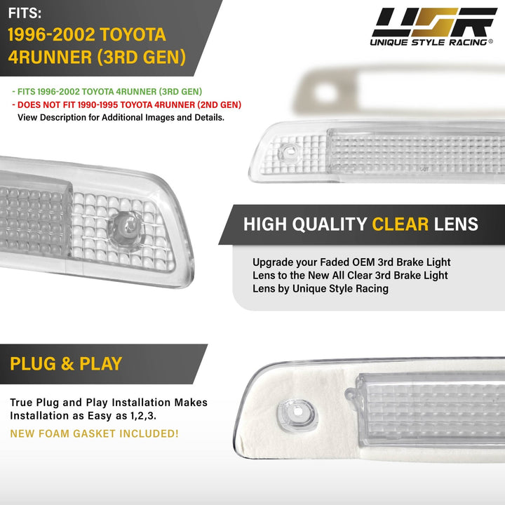 1996 1997 1998 1999 2000 2001 2002 Toyota 4Runner Clear, Smoke or Red Lens 3rd Brake Light

#lens-color_clear-lens