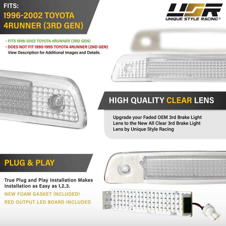 1996 1997 1998 1999 2000 2001 2002 Toyota 4Runner Clear, Smoke or Red Lens 3rd Brake Light

#lens-color_clear-lens-led