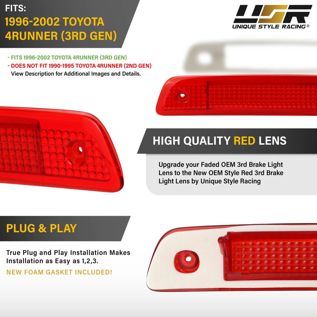 1996 1997 1998 1999 2000 2001 2002 Toyota 4Runner Clear, Smoke or Red Lens 3rd Brake Light

#lens-color_red-lens
