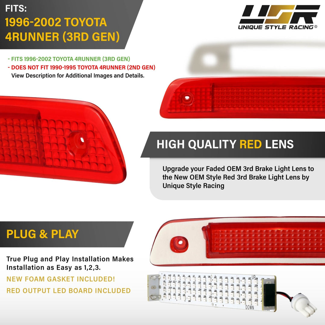 1996 1997 1998 1999 2000 2001 2002 Toyota 4Runner Clear, Smoke or Red Lens 3rd Brake Light

#lens-color_red-lens-led