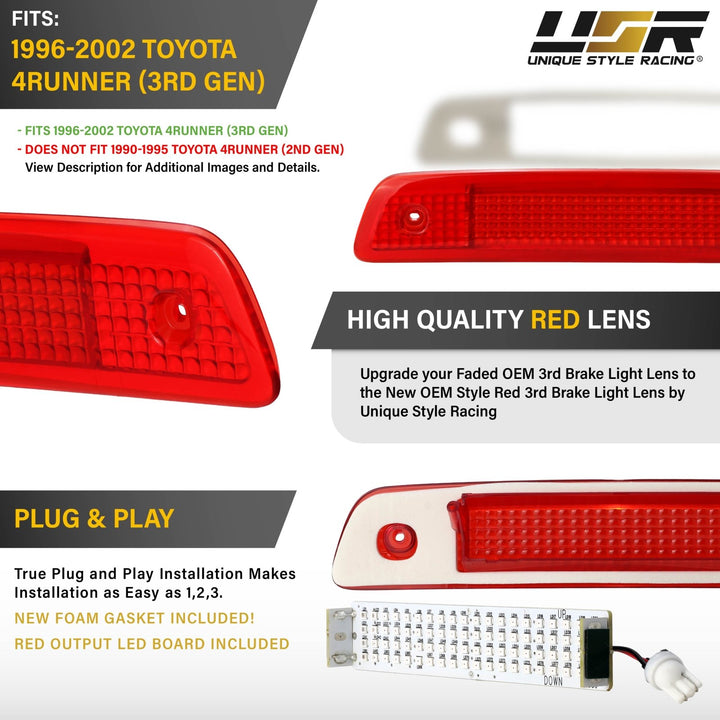 1996 1997 1998 1999 2000 2001 2002 Toyota 4Runner Clear, Smoke or Red Lens 3rd Brake Light

#lens-color_red-lens-led