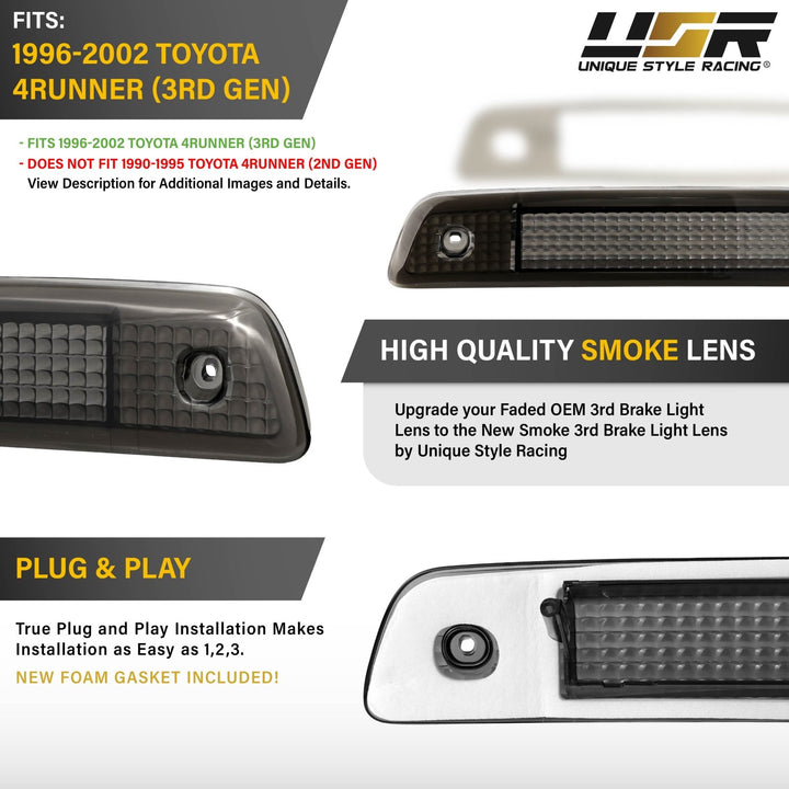 1996 1997 1998 1999 2000 2001 2002 Toyota 4Runner Clear, Smoke or Red Lens 3rd Brake Light

#lens-color_smoke-lens