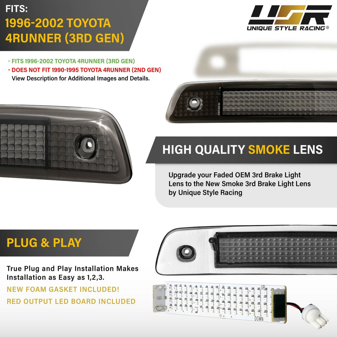 1996 1997 1998 1999 2000 2001 2002 Toyota 4Runner Clear, Smoke or Red Lens 3rd Brake Light

#lens-color_smoke-lens-led