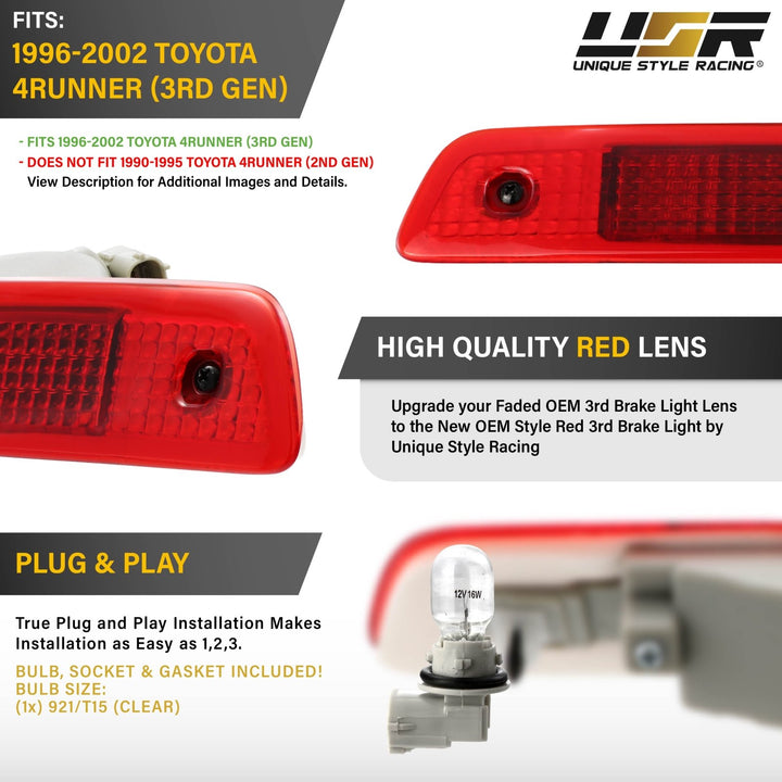 1996 1997 1998 1999 2000 2001 2002 Toyota 4Runner Clear, Smoke or Red Lens 3rd Brake Light

#lens-color_red-with-housing