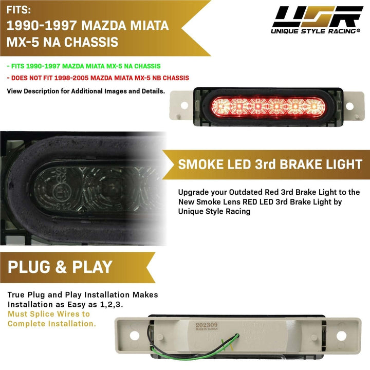 1990 - 1997 Mazda Miata MX5 MX5 Mk1 OE Replacement LED Smoke Lens 3rd Brake Light