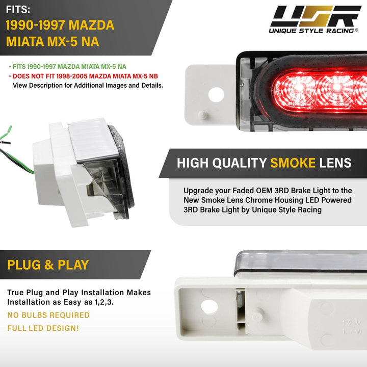 1990 - 1997 Mazda Miata MX5 / Mk1 OE Replacement Smoke Lens Red LED 3rd Brake Light