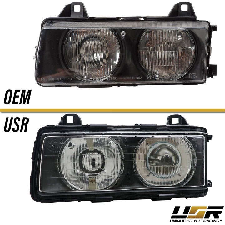 1992-1999 BMW E36 3 Series Hella Euro Ellipsoid GLASS Lens Projector Headlight - Made by DEPO with Optional Daytime Visible UHP LED Angel Eye Halo Rings