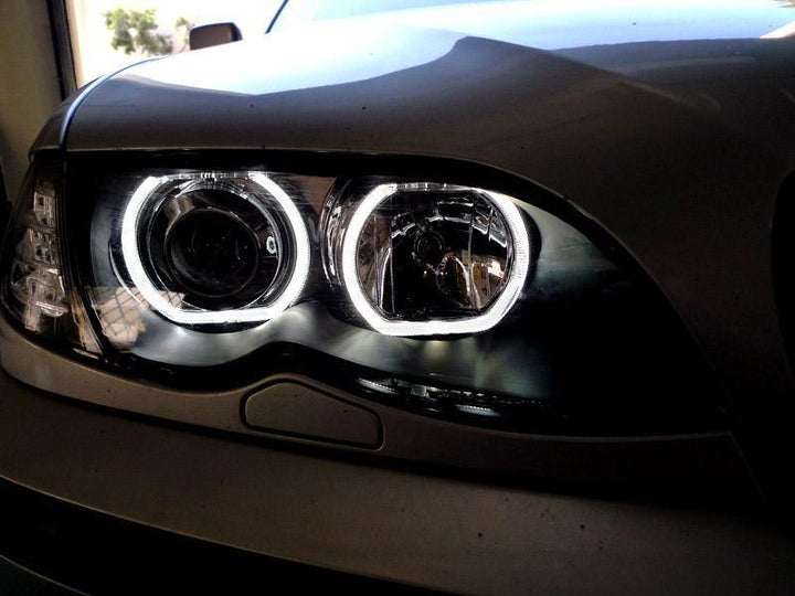 2002-2005 BMW 3 Series E46 4D/5D V3 F30 Style Square Bottom Angel Eye Halo U Rings White LED Halo Projector Headlight - Made by DEPO