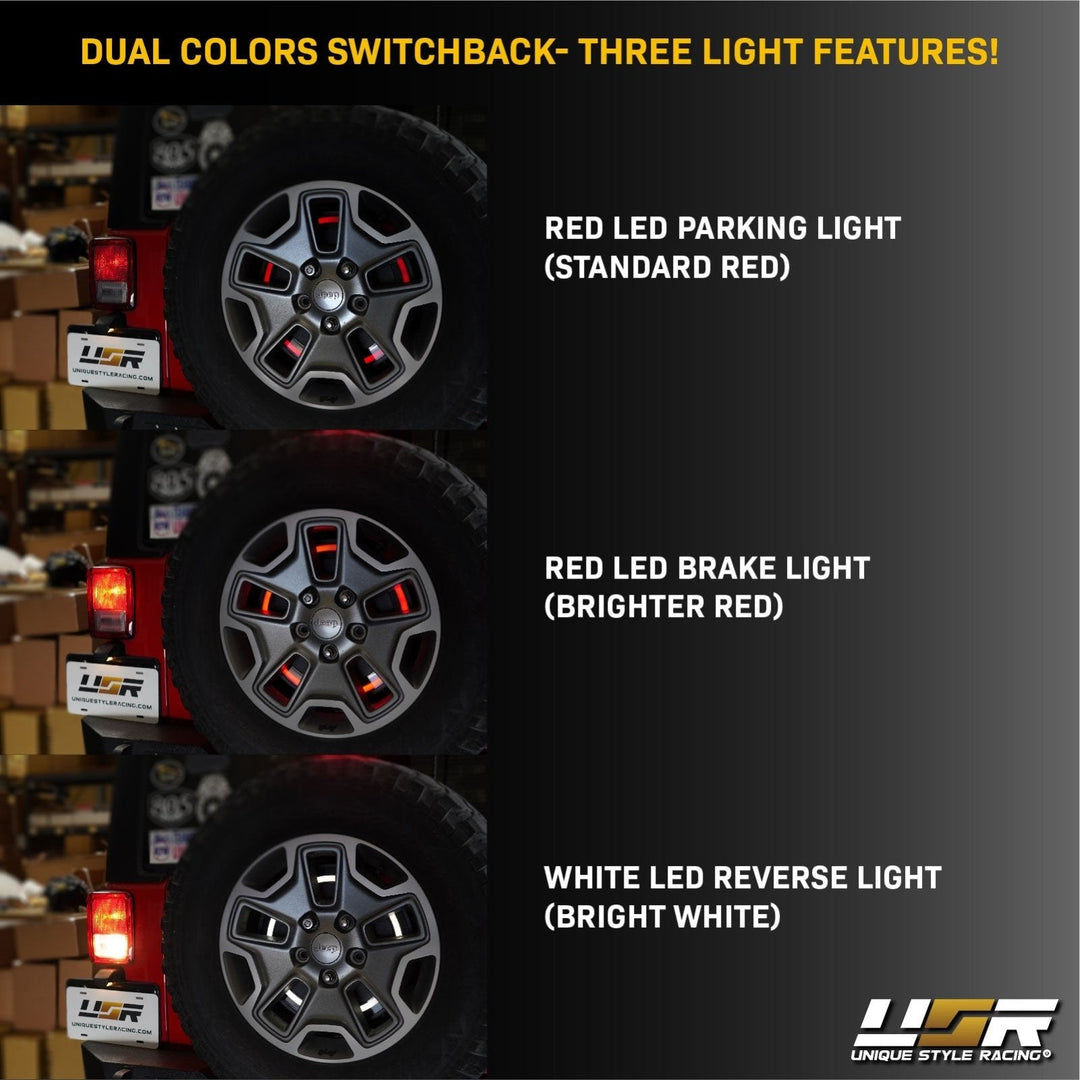 2018 + Jeep Wrangler JL & 1997 - 2006 Jeep Wrangler TJ & 2007 - 2018 Jeep Wrangler JK Switchback Red / White LED Halo Spare Tire Third Brake Light

#fitment_1997-to-2006-jeep-wrangler-tj