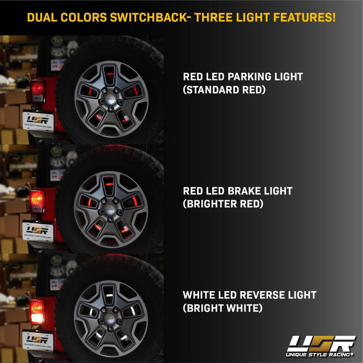 2018 + Jeep Wrangler JL & 1997 - 2006 Jeep Wrangler TJ & 2007 - 2018 Jeep Wrangler JK Switchback Red / White LED Halo Spare Tire Third Brake Light

#fitment_2018-to-2024-jeep-wrangler-jl-with-oem-led-tail-models