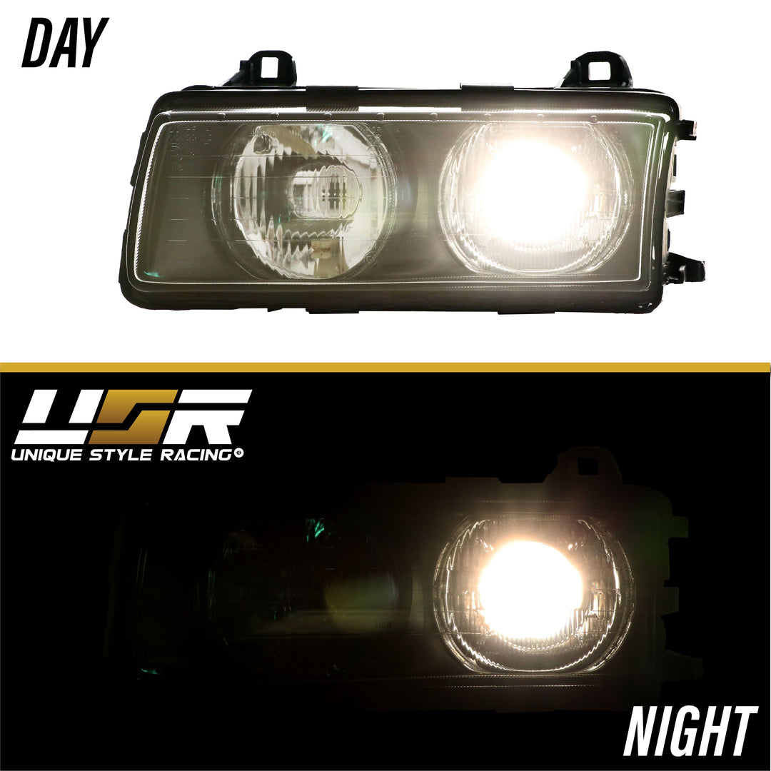 1992-1999 BMW E36 3 Series Hella Euro Ellipsoid GLASS Lens Projector Headlight - Made by DEPO with Optional Daytime Visible UHP LED Angel Eye Halo Rings