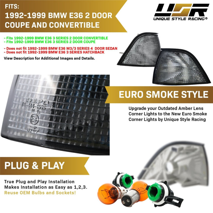 1992-1999 BMW E36 3 Series 2D Coupe & Convertible Euro Clear / Smoke / Dark Smoke Lens Corner Lights