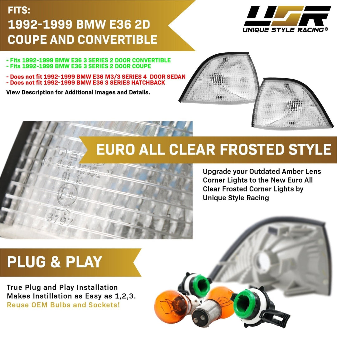 1992-1999 BMW E36 3 Series 2D Coupe & Convertible Euro Clear / Smoke / Dark Smoke Lens Corner Lights