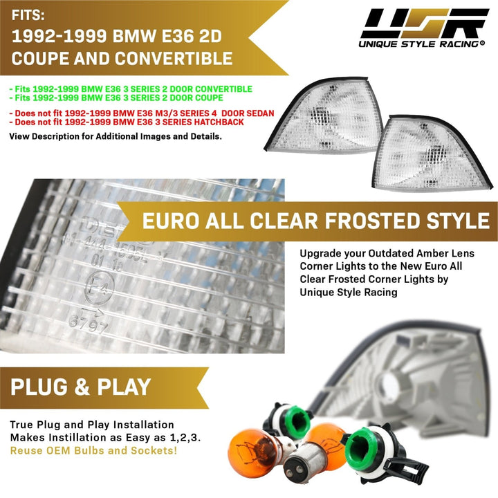 1992-1999 BMW E36 3 Series 2D Coupe & Convertible Euro Clear / Smoke / Dark Smoke Lens Corner Lights
