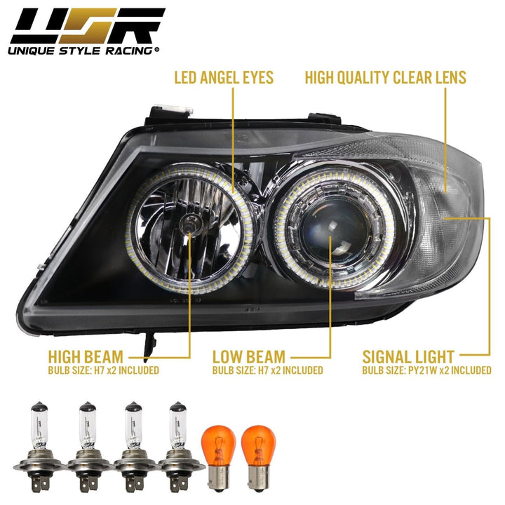 2009-2011 BMW 3 Series E90 / E91 DEPO Projector UHP LED Angel Halo Headlight With Clear Corner