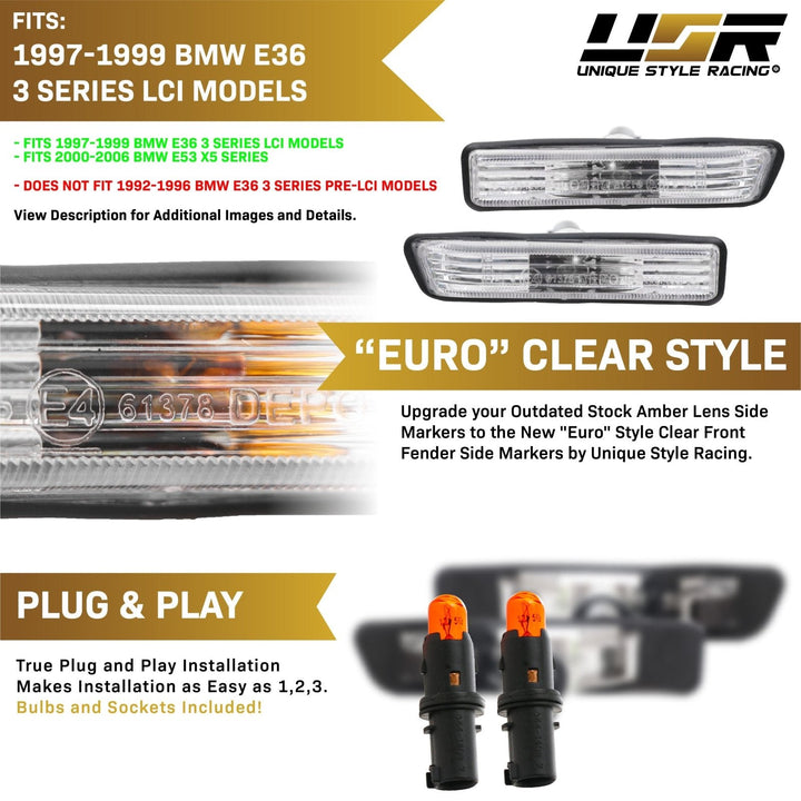 1997-1999 BMW 3 Series E36 / 2000-2006 BMW E53 X5 Clear or Smoke Fender Side Marker Light