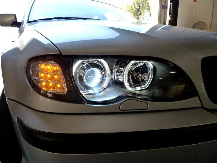 2002-2005 BMW 3 Series E46 4D/5D V3 F30 Style Square Bottom Angel Eye Halo U Rings White LED Halo Projector Headlight - Made by DEPO