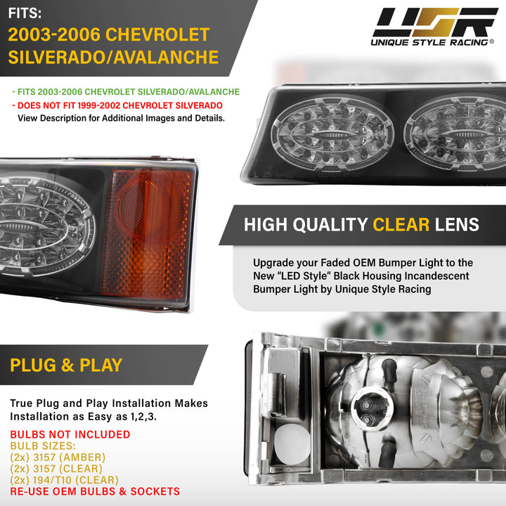 2003-2006 Chevrolet Chevy Silverado Black Housing Clear Lens Bumper Turn Signal Lights