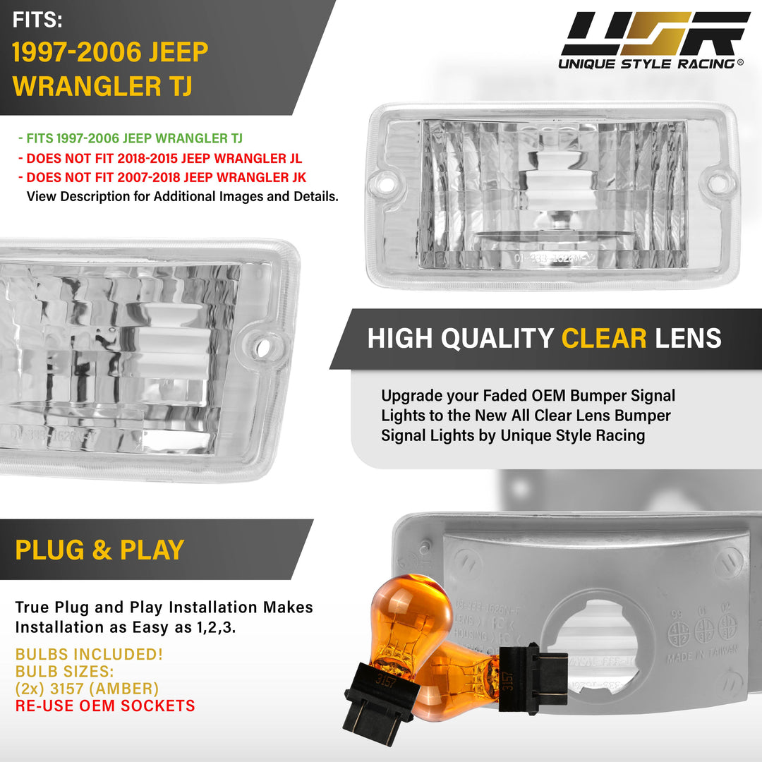 1997 1998 1999 2000 2001 2002 2003 2004 2005 2006 Jeep Wrangler TJ Clear or Smoke Bumper Signal Lights 
#lens-color_crystal-clear-lens