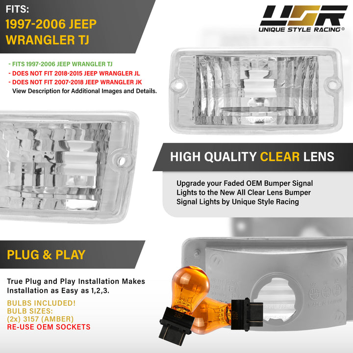 1997 1998 1999 2000 2001 2002 2003 2004 2005 2006 Jeep Wrangler TJ Clear or Smoke Bumper Signal Lights 
#lens-color_crystal-clear-lens