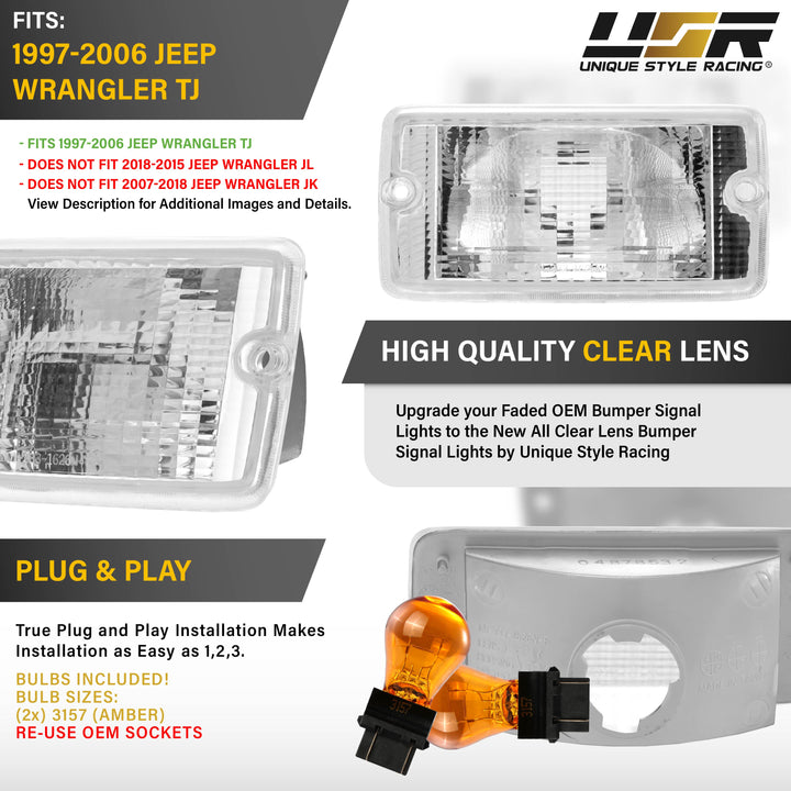 1997 1998 1999 2000 2001 2002 2003 2004 2005 2006 Jeep Wrangler TJ Clear or Smoke Bumper Signal Lights 
#lens-color_clear-lens