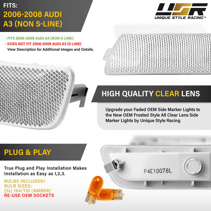 2006-2008 Audi A3 Models W/O S-Line Package Clear Lens  Front Bumper Side Marker Light