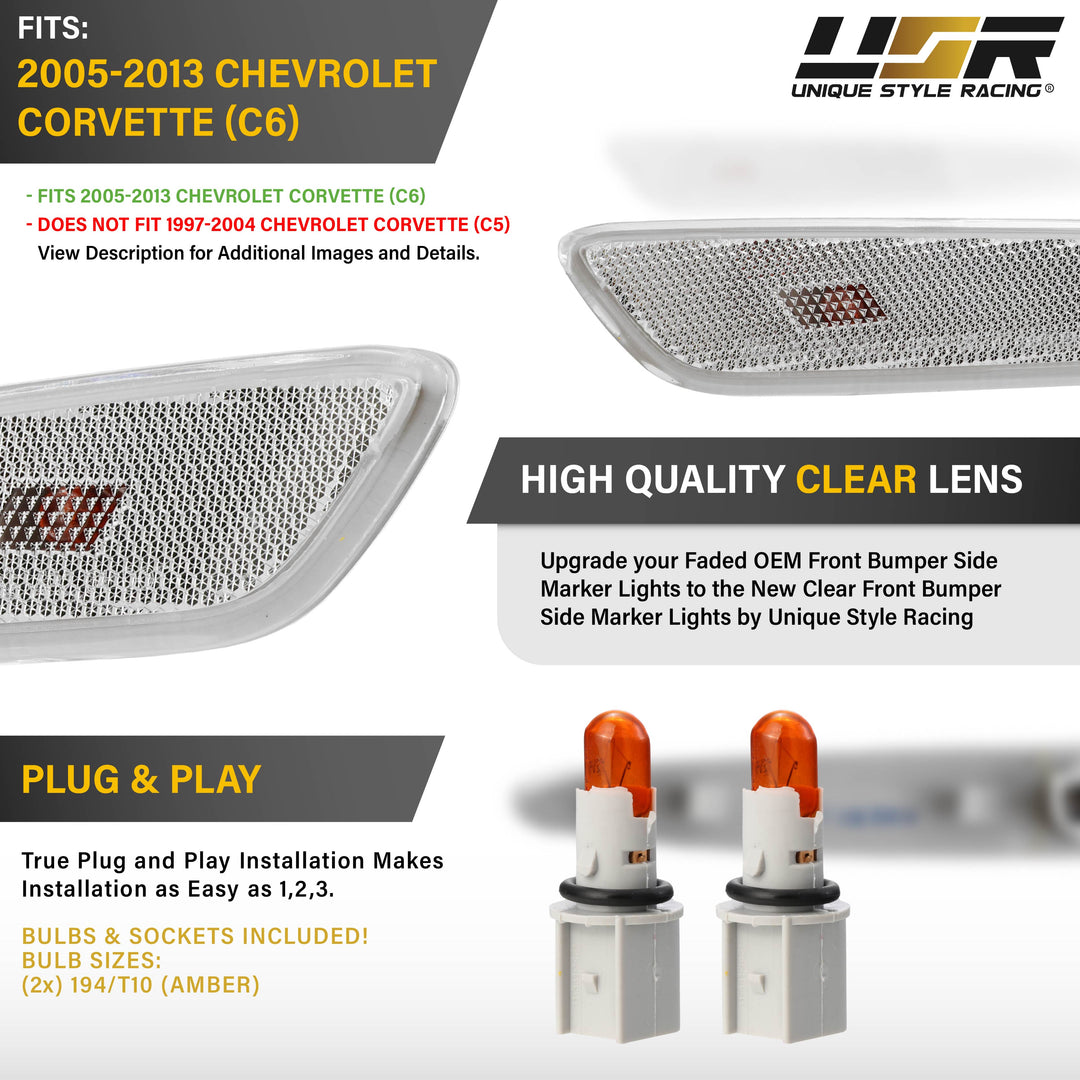 2005-2010 Chevrolet Chevy Corvette Clear Lens Front Bumper Side Marker Lights