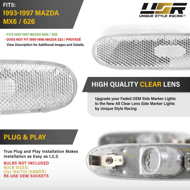 1993-1997 Mazda MX-6 / 626 4D Sedan All Clear Lens Rear Bumper Side Marker Lights