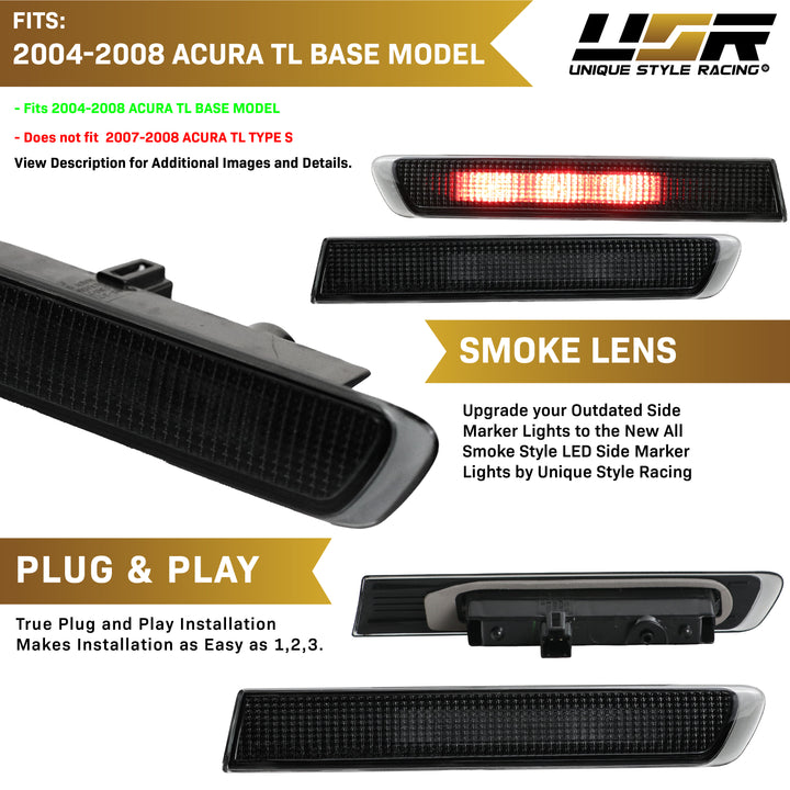 2004-2008 Acura TL OEM Replica Smoke Lens Red LED Rear Side Marker Lights