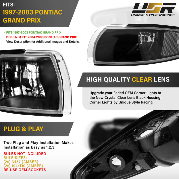 1995-1999 Pontiac Grand Prix Black Housing Crystal Clear Lens Corner Lights