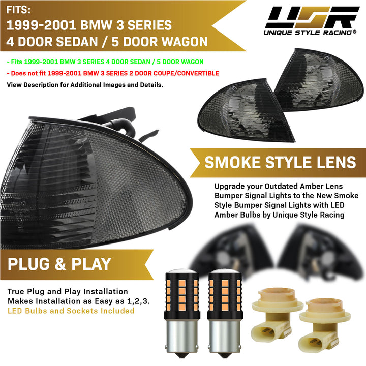 1992 - 2001 BMW 3 Series E46 E 46 4D Sedan & 5D Wagon Clear OR Smoke Lens Front Corner Signal Light

#lens-color_smoke-lens-with-led-bulbs