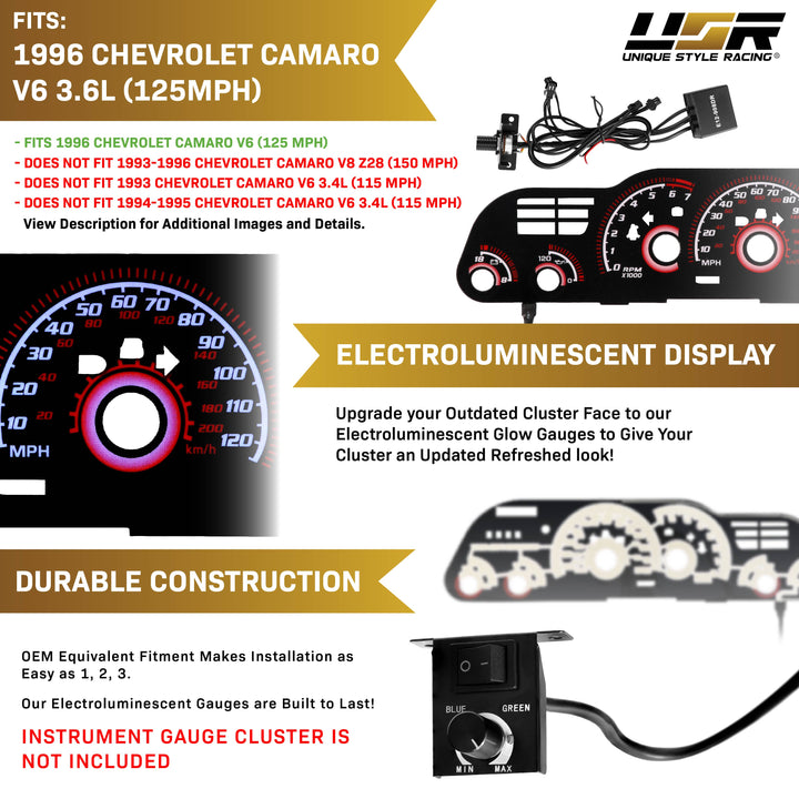 1997-2002 Chevrolet Chevy Camaro V8 125 MPH Black Gauge Face Red Glow Gauge for Instrument Cluster