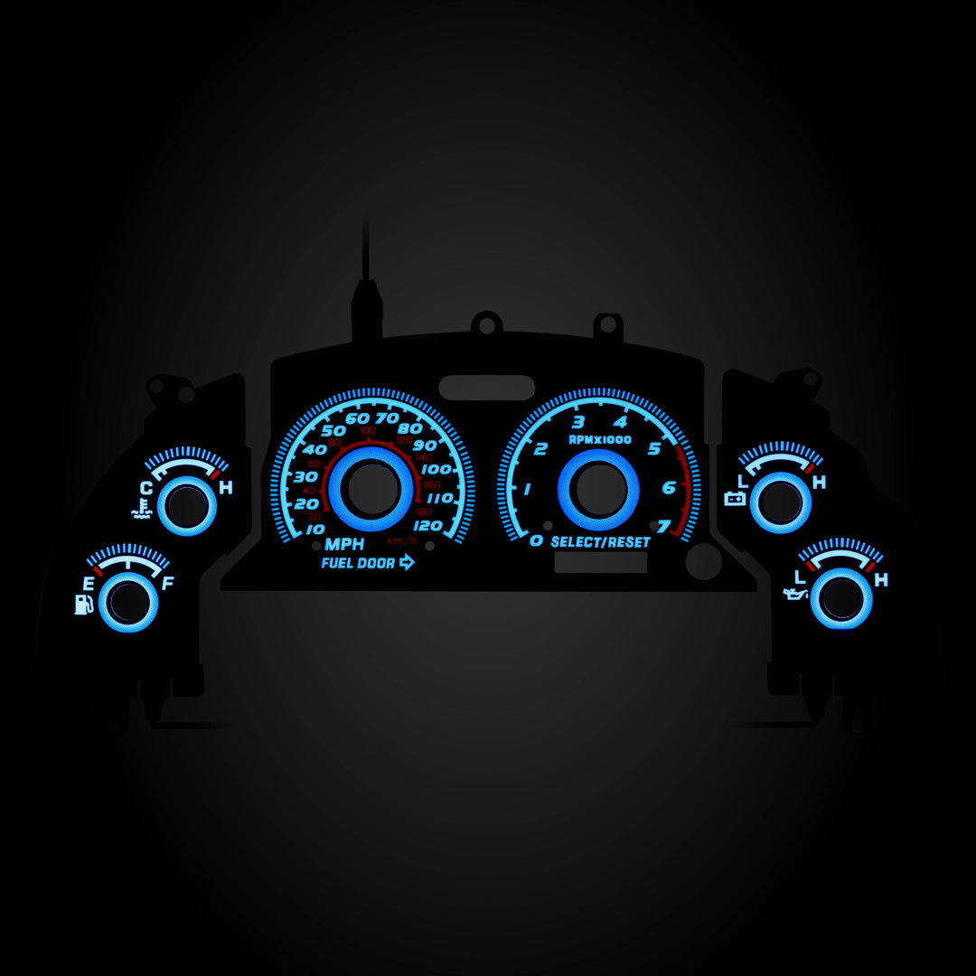 1998-2002 Chevrolet Chevy Camaro V6 125 MPH White Overlay Blue/Green Glow Gauge Face for Instrument Cluster