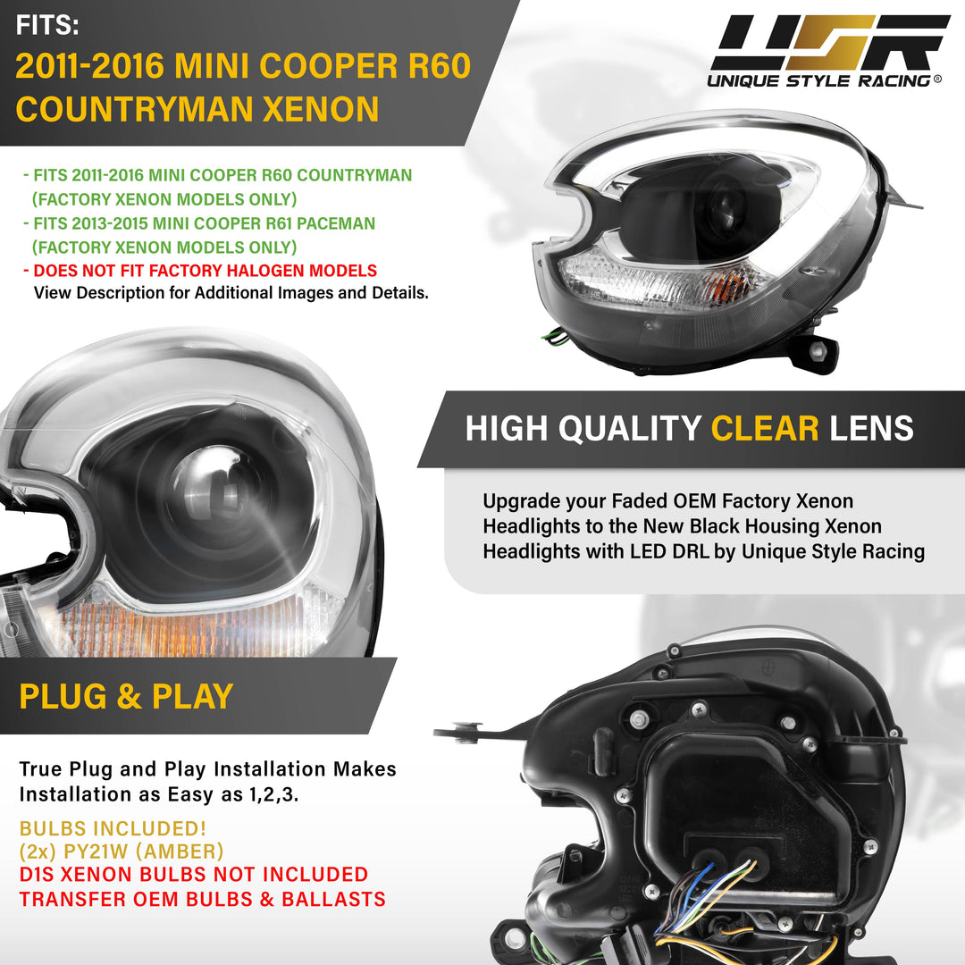2011-2016 Countryman R60 Xenon Models LED DRL Half Ring D1S Projector Headlights