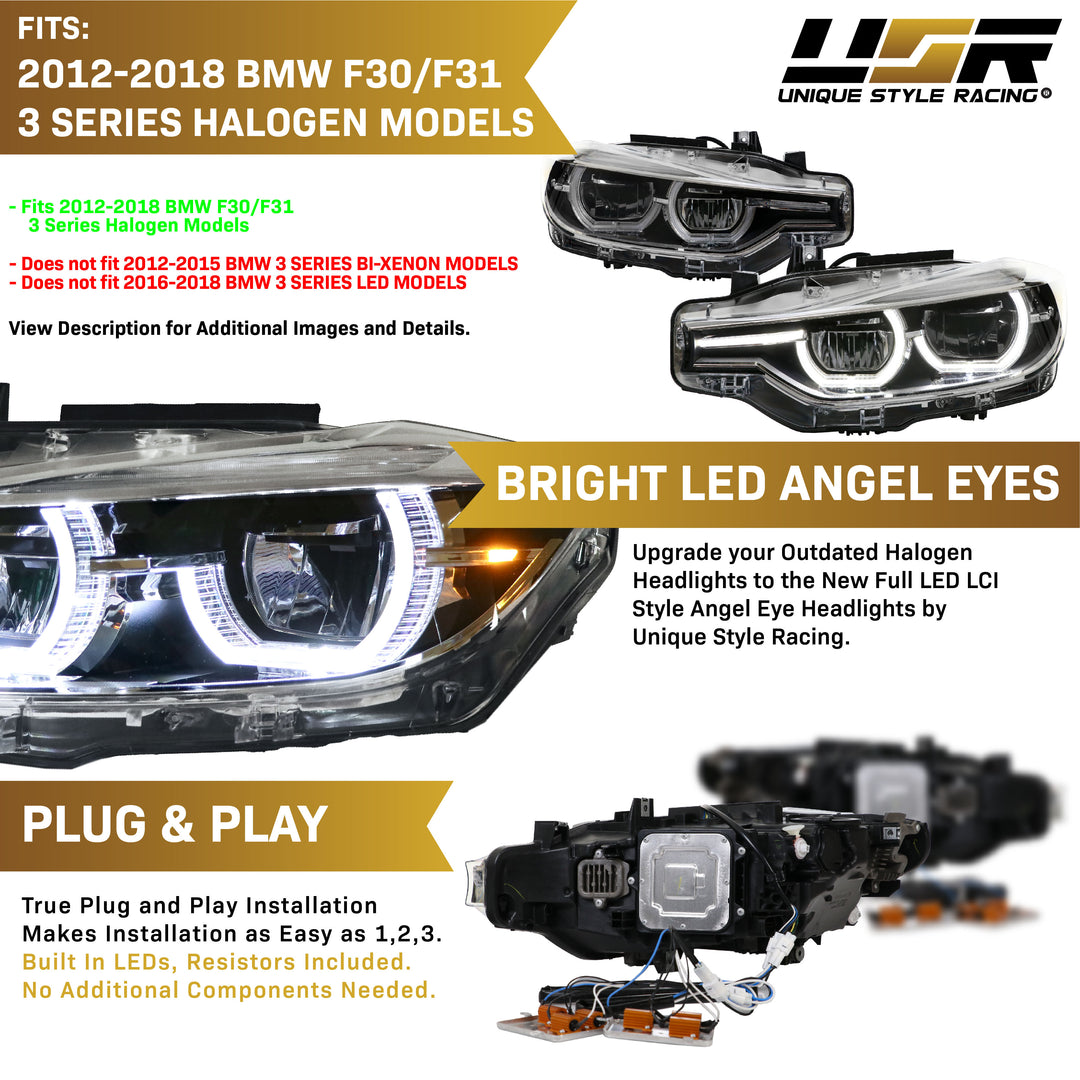 BMW 3 Series F30 F31 Black Projector LED White Halo Angel Eye