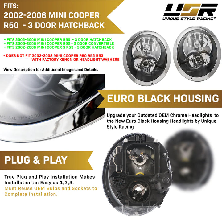 2005-2008 Mini Cooper Cooper S R50 R52 R53 Euro Style Black Housing Headlights DOT/SAE