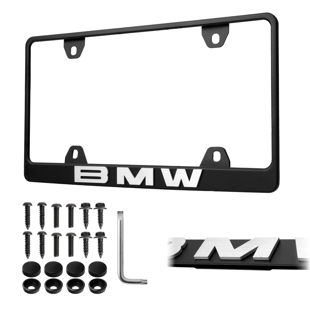 BMW Models Stealth Matte Black Powder Coat License Plate Frame with 3D Raised Black or Silver Letters